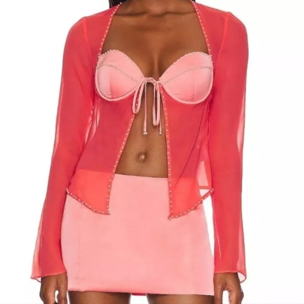 Guizio Womens Long Sleeve Peach/Pink Silk Embellished Long Sleeve Tie Top Sz M